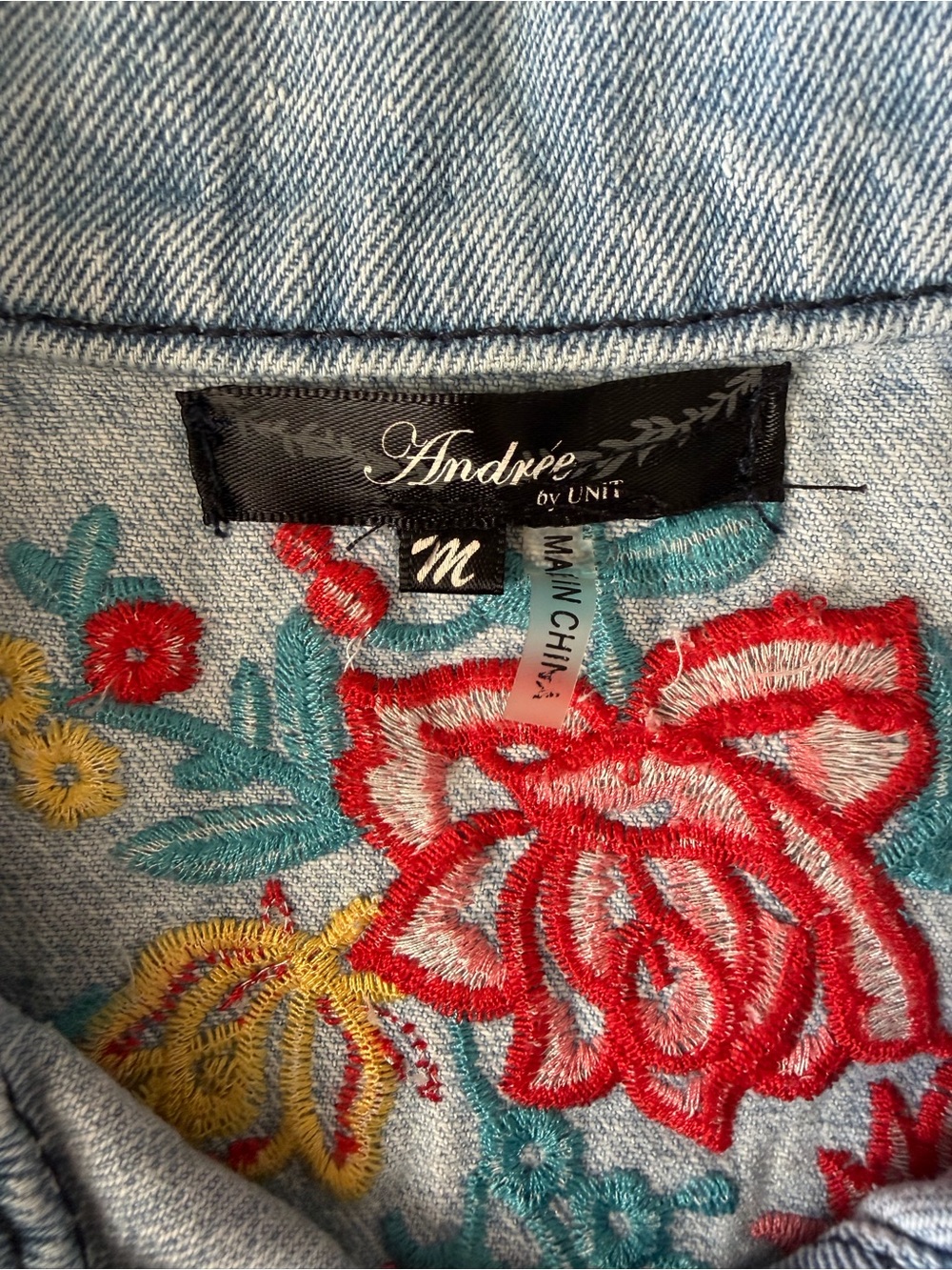 Light Blue Denim Vest w/ Red/Yellow Floral Embroidery M Boho Country Farmhouse - Picture 7 of 8